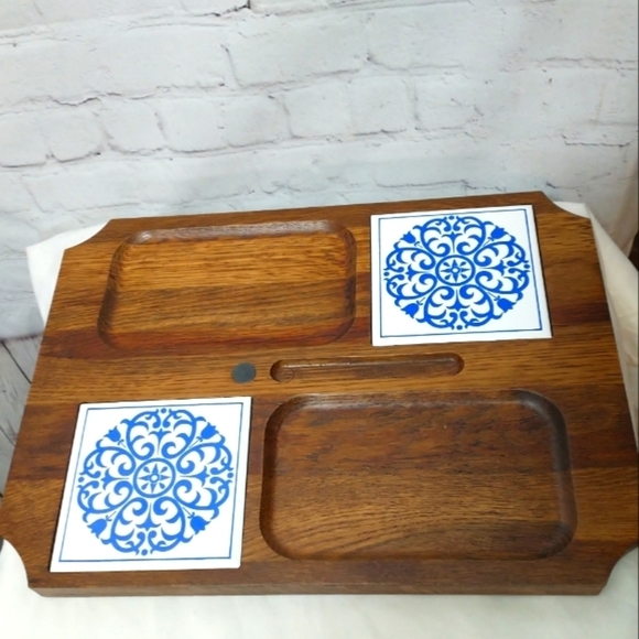 Other - VTG Wood Cheese Tray Charcuterie Board Blue And White Tile made in Japan